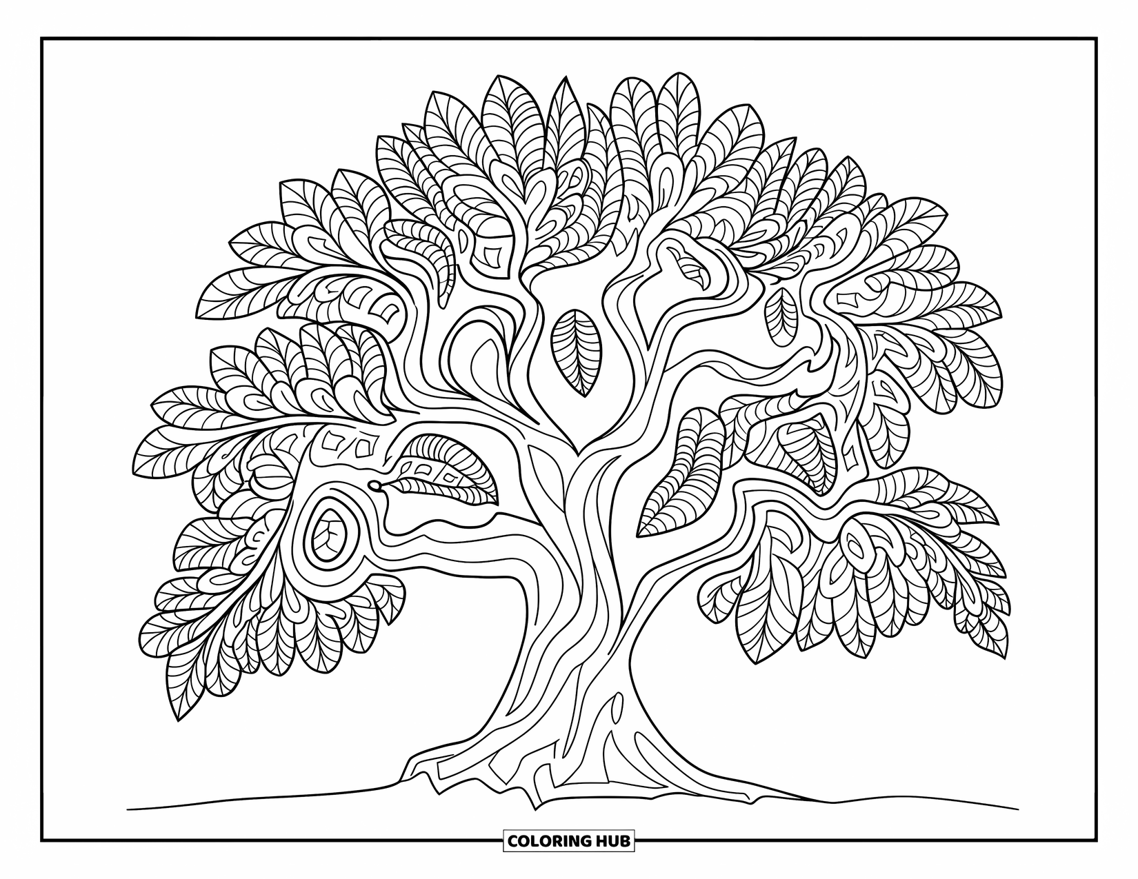 Tree Coloring Page for Adults: An oak tree with detailed bark and mandala-style leaves, offering a relaxing design