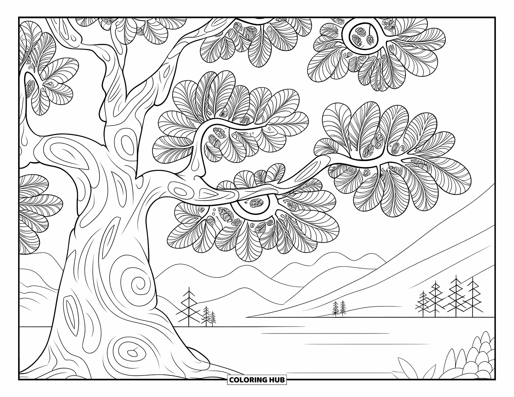 Tree Coloring Page for Adults: An oak tree with mandala-style leaves, textured bark, and a serene landscape with water
