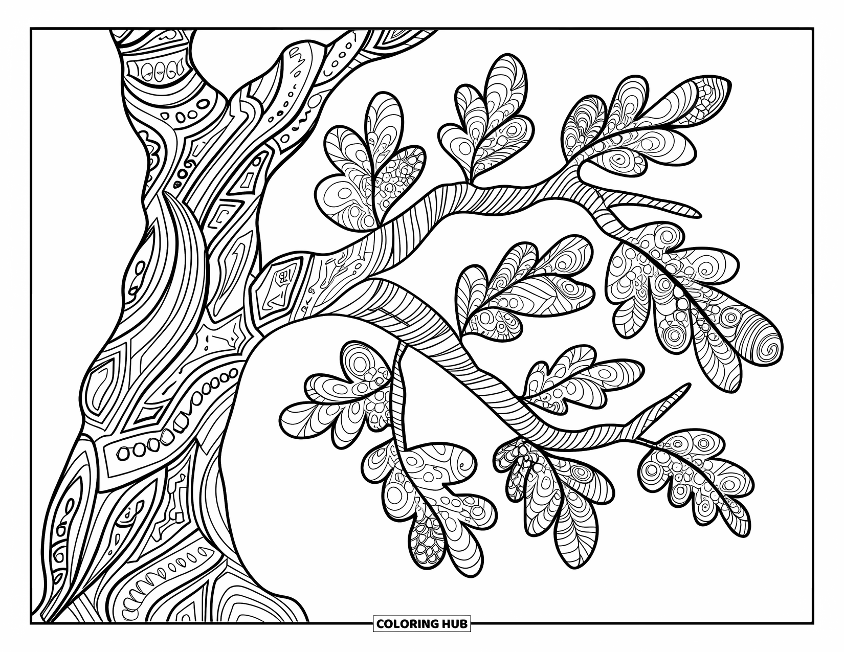 Tree Coloring Page for Adults: An oak tree with mandala-style leaves, textured bark, and bold, clean outlines
