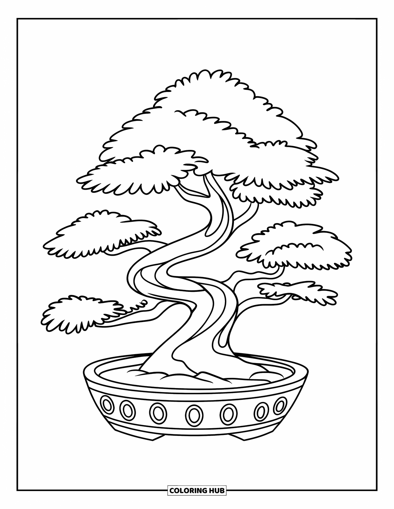 Tree Coloring Page for Kids: A bonsai tree in a shallow pot with leaves, decorative markings, and a simple design