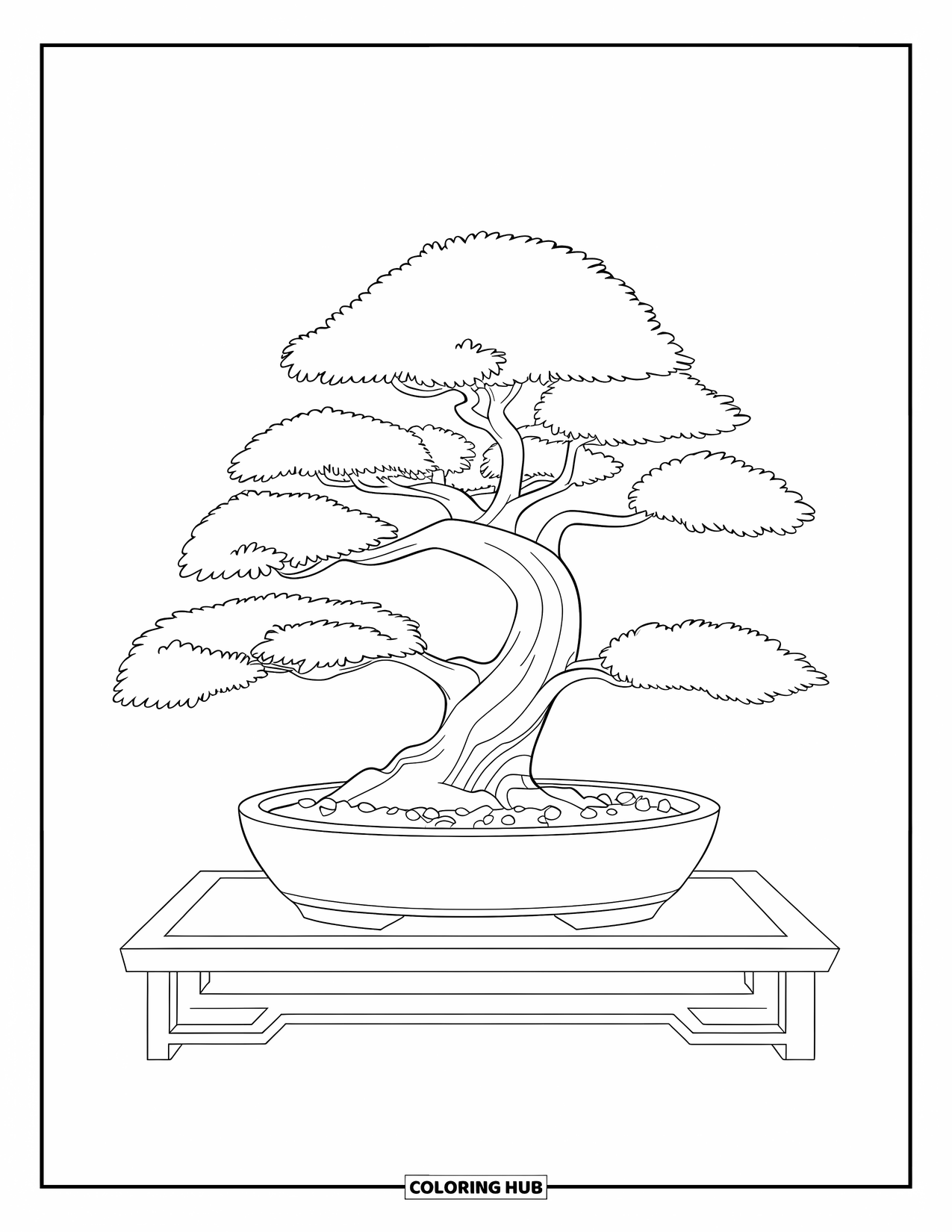 Tree Coloring Page for Kids: A bonsai tree in a shallow pot with pebbles, placed on a wooden stand