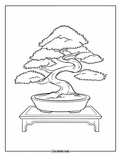 Dibujo de árboles para colorear para niños: Un bonsái en una maceta baja, con ramas suaves y sencillas sobre un soporte de madera