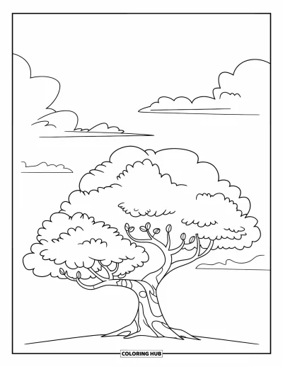 Dibujo de árboles para colorear para niños: Un árbol de caricatura con copa esponjosa, ramas con hojas y cielo claro con nubes
