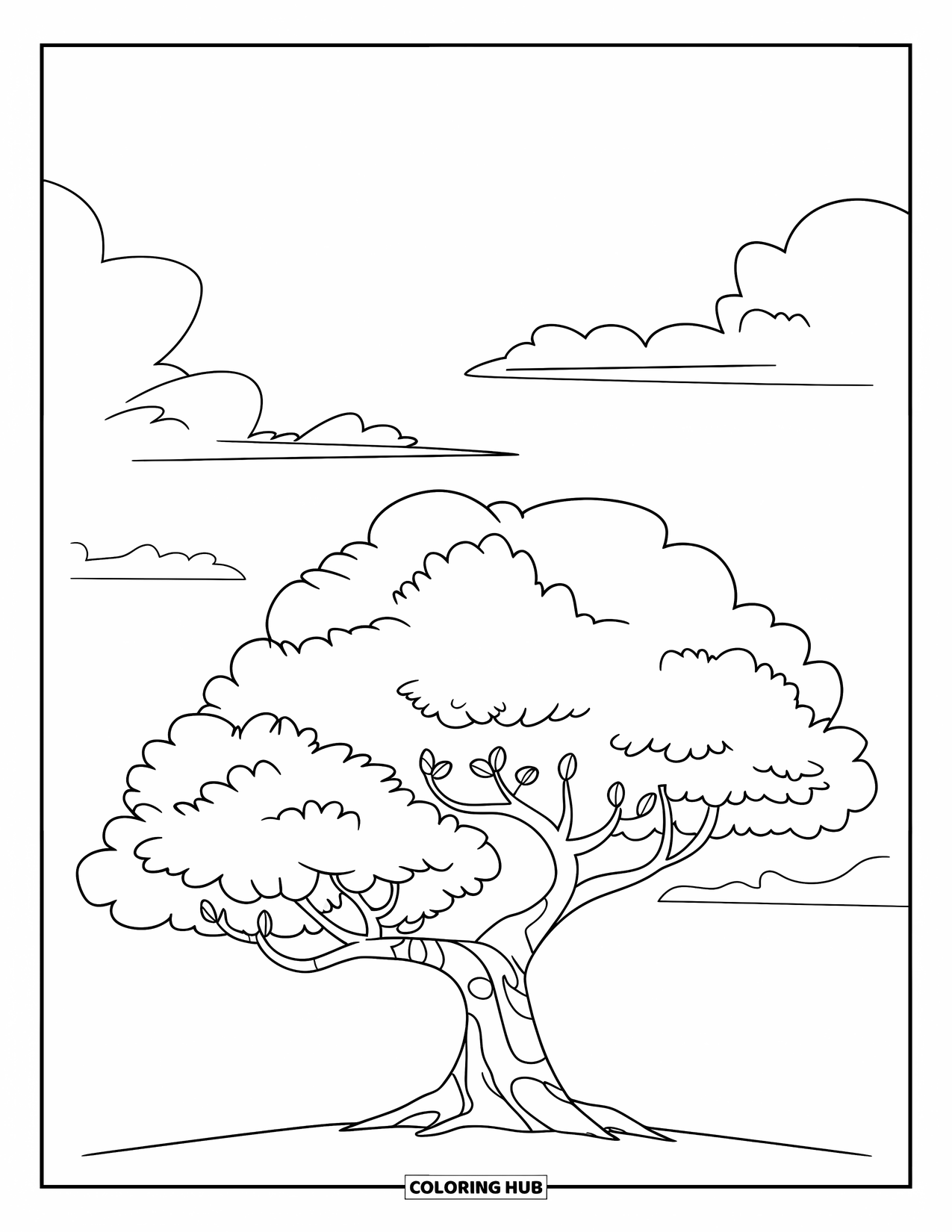 Tree Coloring Page for Kids: A cartoon tree with a puffy canopy, branches with leaves, and a clear sky with clouds