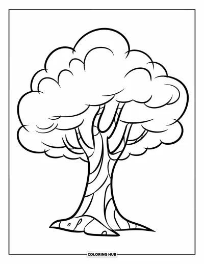 Dibujo de árboles para colorear para niños: Un árbol de caricatura con tronco firme y copa esponjosa como nube, con secciones fáciles de colorear