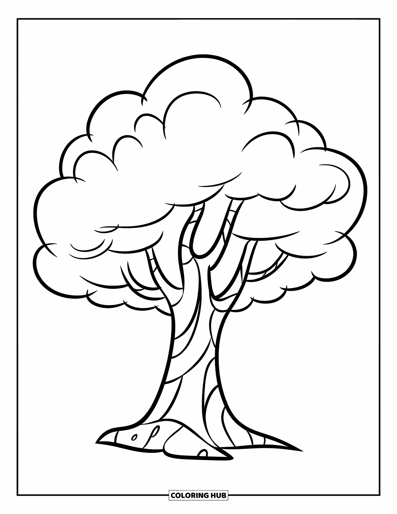Tree Coloring Page for Kids: A cartoon tree with a sturdy trunk and puffy cloud-like canopy, with easy-to-color sections