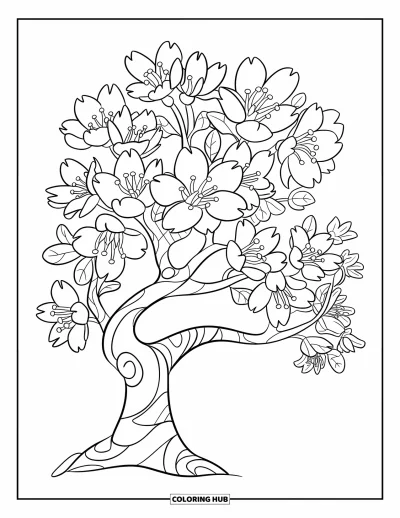 Dibujo de árboles para colorear para niños: Un cerezo en plena floración con flores detalladas y contornos limpios