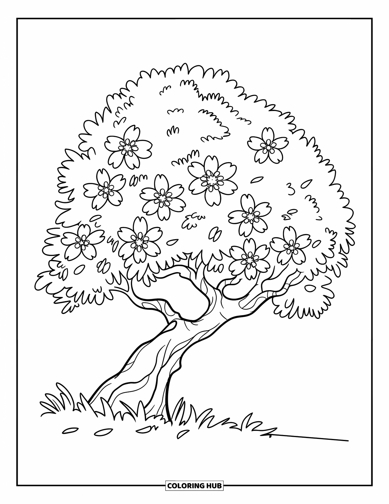 Tree Coloring Page for Kids: A cherry blossom tree with circular flowers and petals scattered on the ground