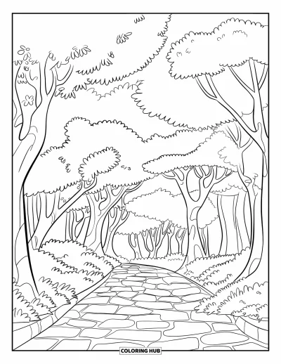 Dibujo de árboles para colorear para niños: Un sendero empedrado en el bosque con árboles grandes y vegetación abundante