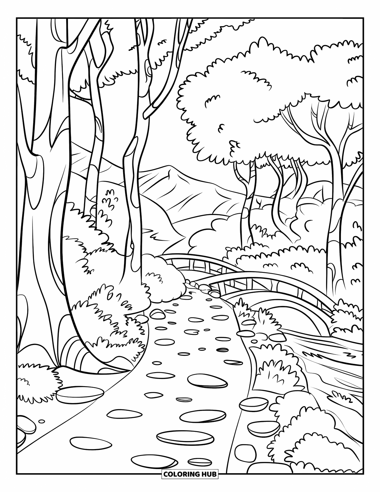 Tree Coloring Page for Kids: A forest path with trees, a bridge, and mountains in the background