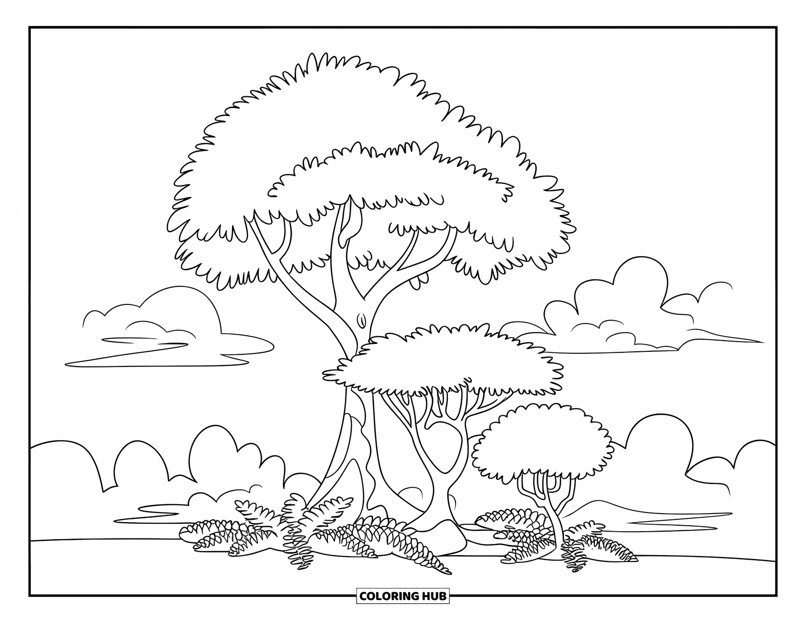Tree Coloring Page for Kids: A forest scene with three different trees, each with unique shapes and leaves