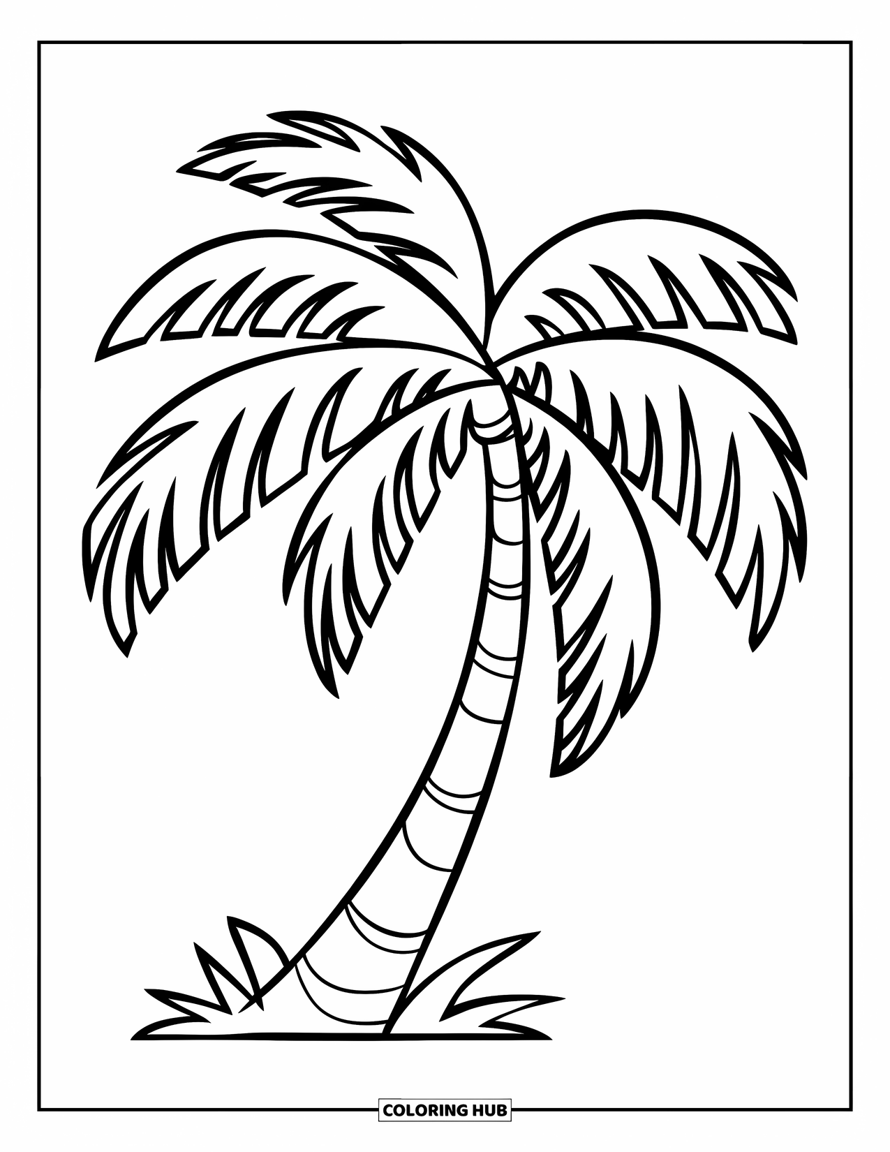 Tree Coloring Page for Kids: A palm tree with a curved trunk and easy-to-color fronds, on a white background