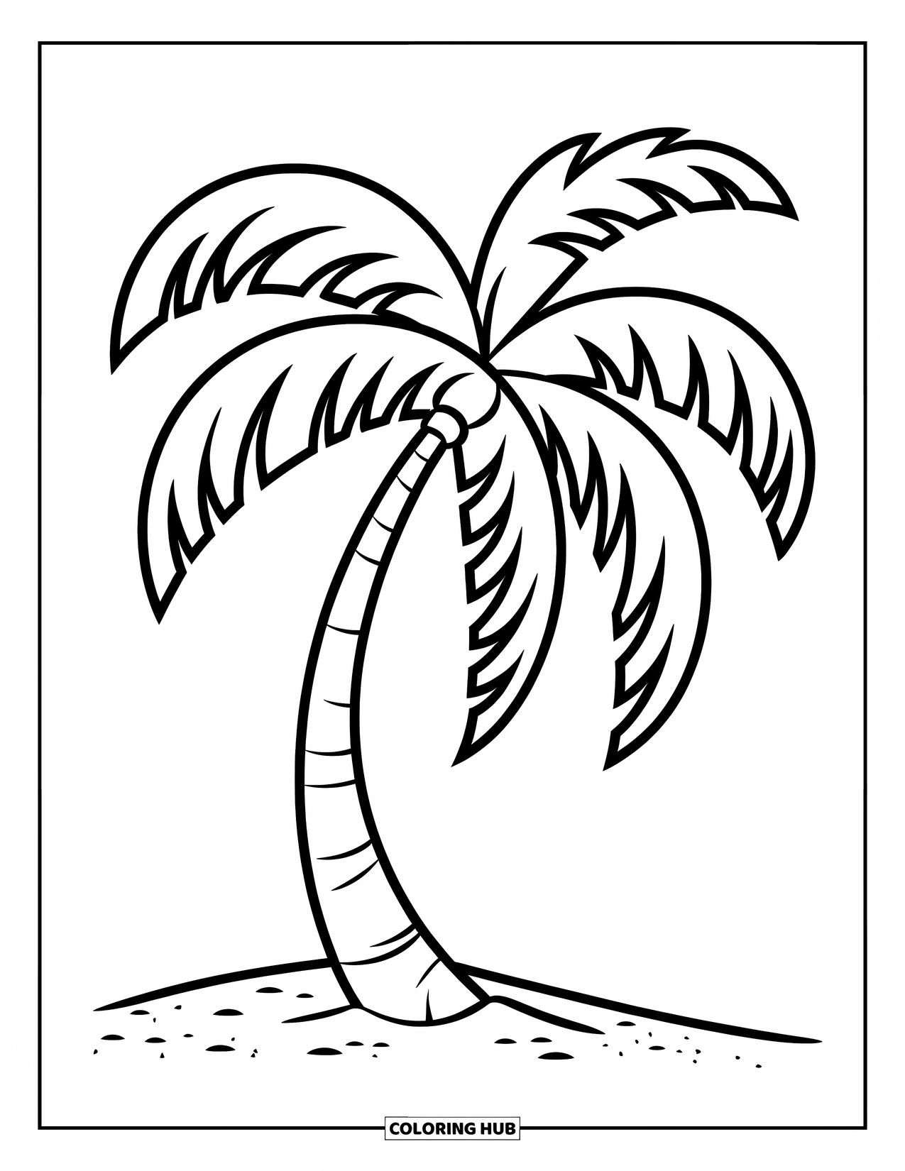 Tree Coloring Page for Kids: A palm tree with a curved trunk and large fronds, set on a sandy beach
