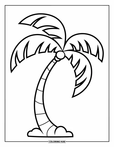 Dibujo de árboles para colorear para niños: Una palmera de tronco curvado y hojas grandes, con un estilo alegre