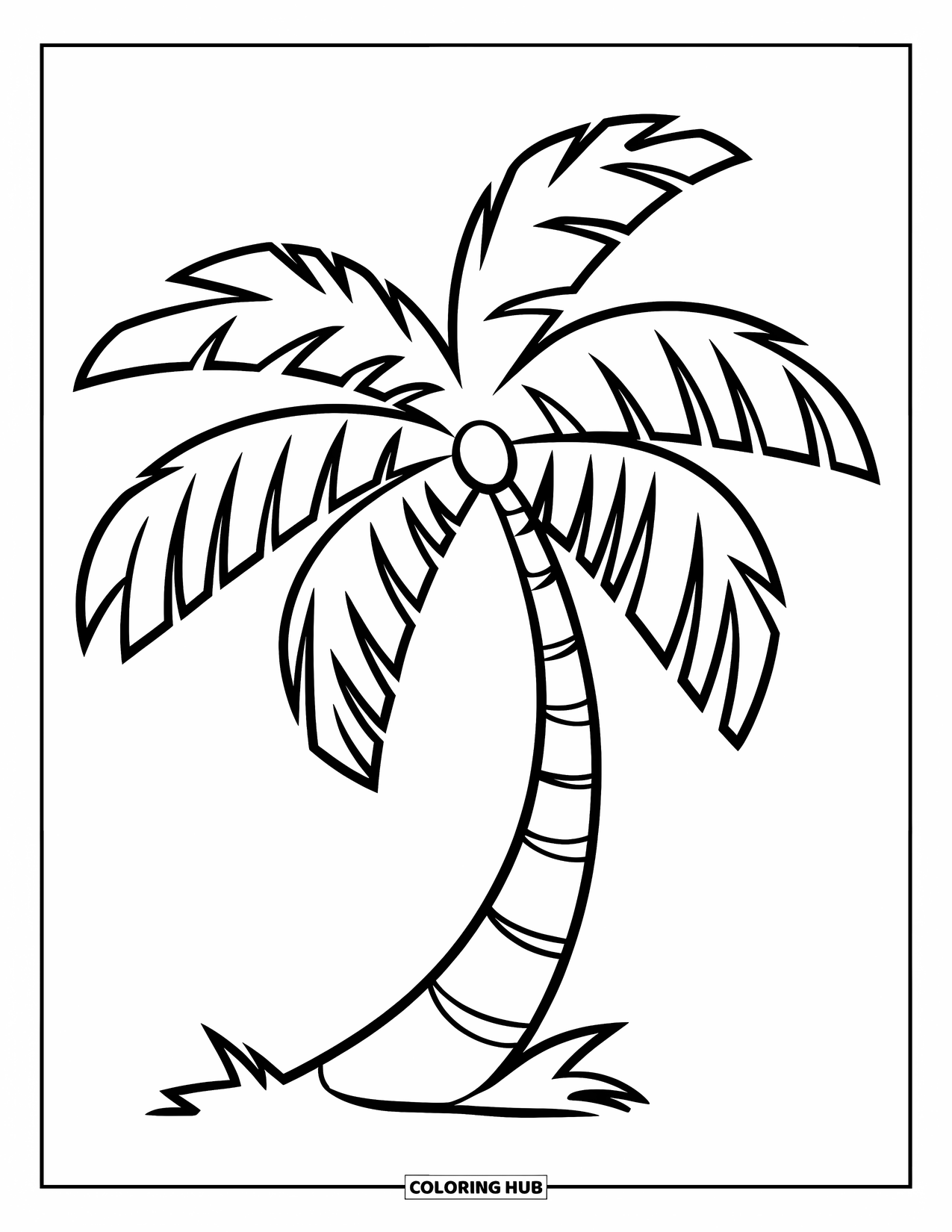Tree Coloring Page for Kids: A palm tree with a curved trunk, large fronds, and bold outlines, suitable for preschoolers