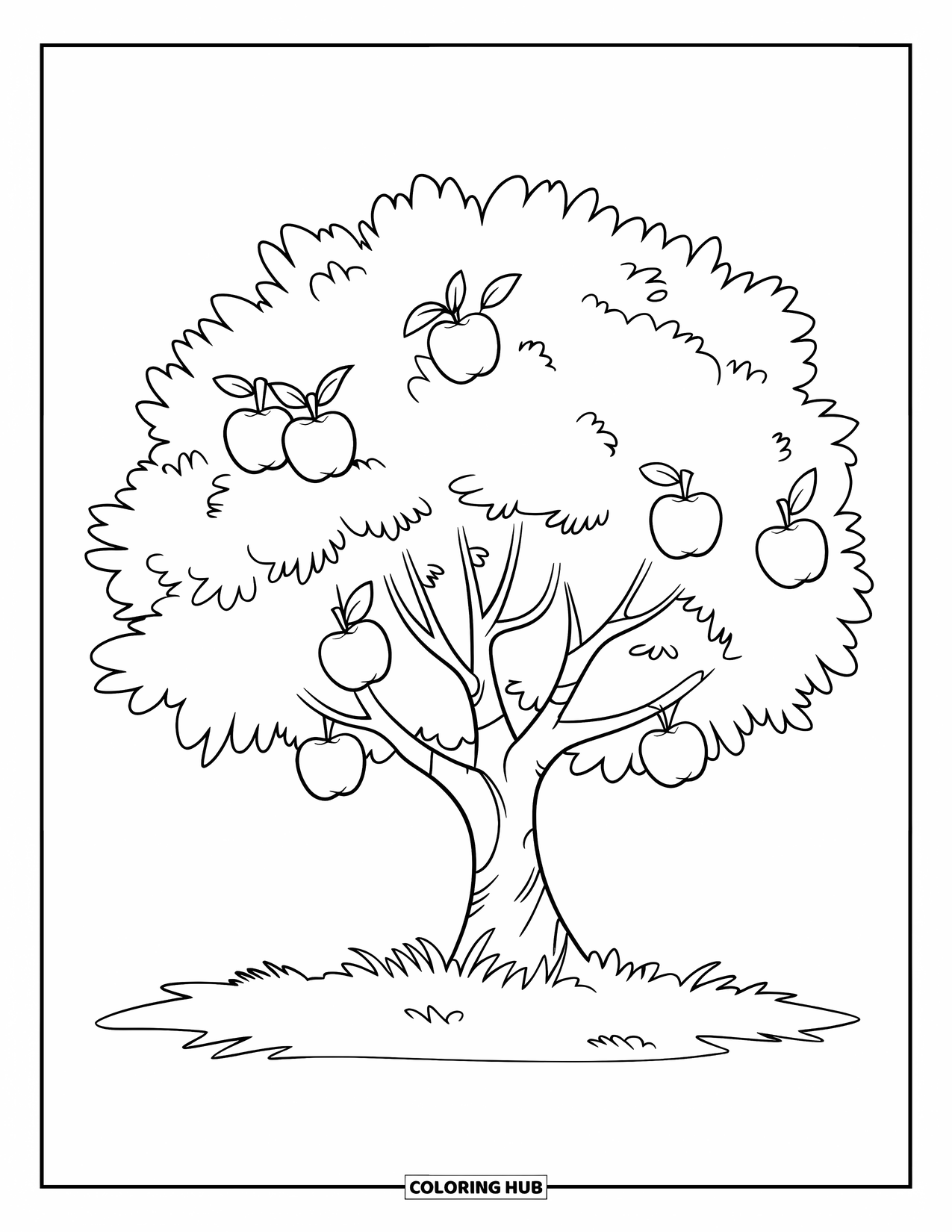 Tree Coloring Page for Kids: A simple apple tree with apples, branches, and a grassy ground