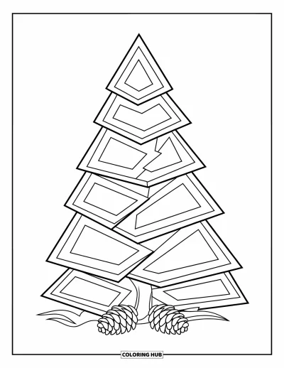 Dibujo de árboles para colorear para niños: Un pequeño pino con capas triangulares y piñas, delineado para colorear fácilmente