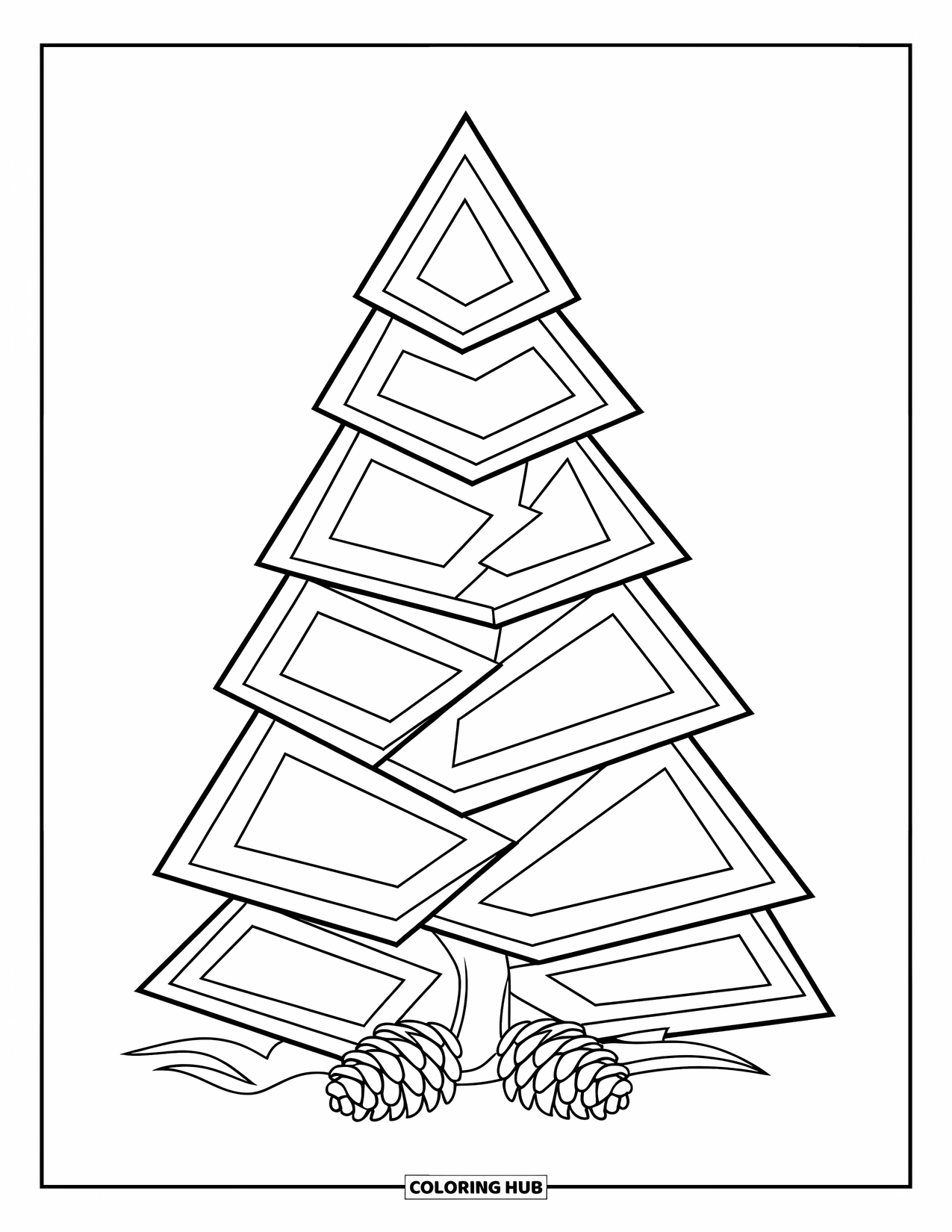 Tree Coloring Page for Kids: A small pine tree with triangular layers and pinecones, outlined for easy coloring