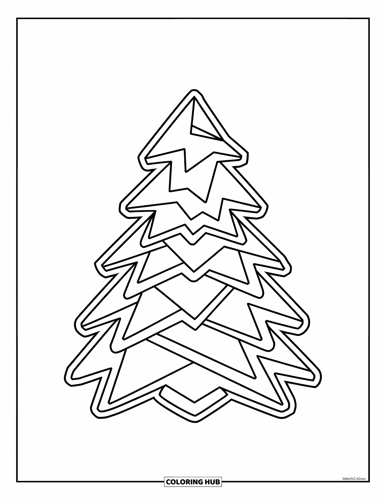 Tree Coloring Page for Kids: A small pine tree with triangular layers, outlined for easy coloring on a white background
