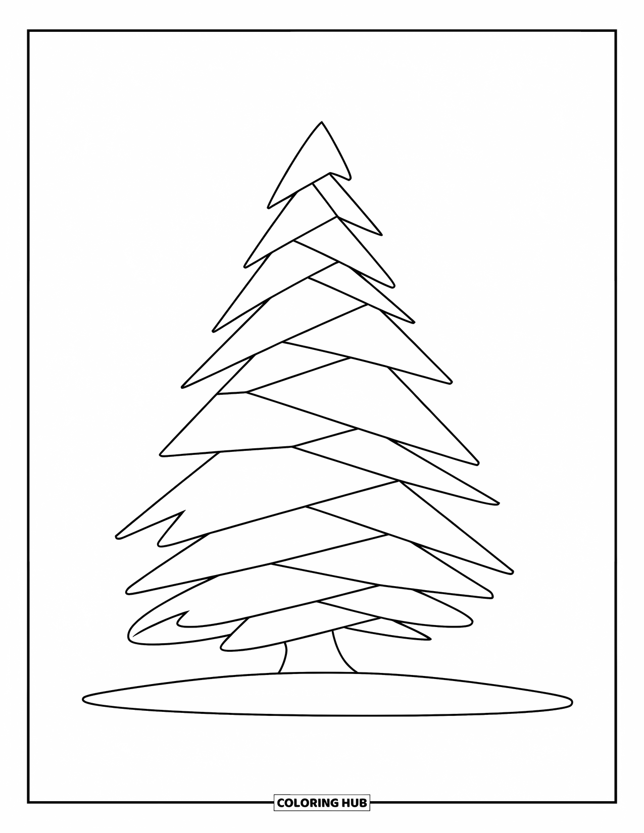 Tree Coloring Page for Kids: A small pine tree with triangular layers, placed on a green ground, outlined for coloring