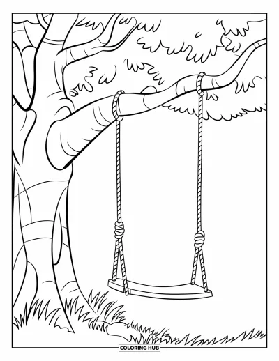Dibujo de árboles para colorear para niños: Un árbol con columpio de cuerda, tronco grande y césped sin otros elementos