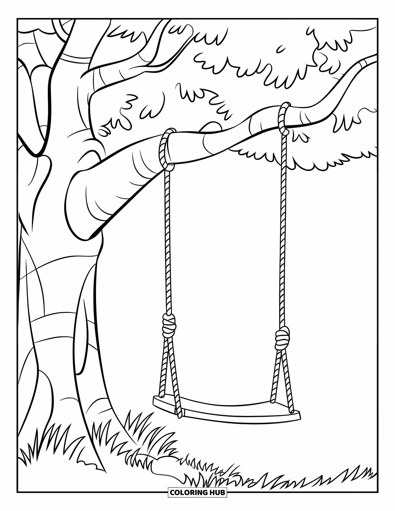 Tree Coloring Page for Kids: A tree with a rope swing, large trunk, and green grass with no other elements