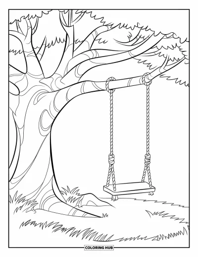 Dibujo de árboles para colorear para niños: Un árbol con columpio de cuerda, tronco resistente y césped alrededor de la base