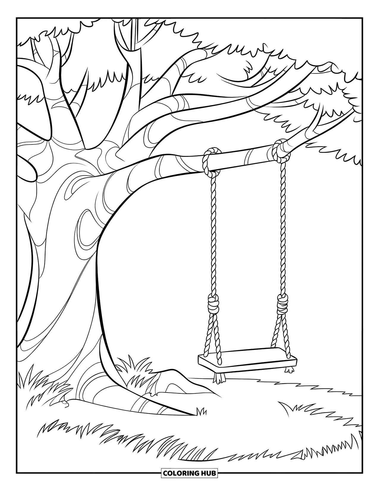 Tree Coloring Page for Kids: A tree with a rope swing, sturdy trunk, and grass around the base