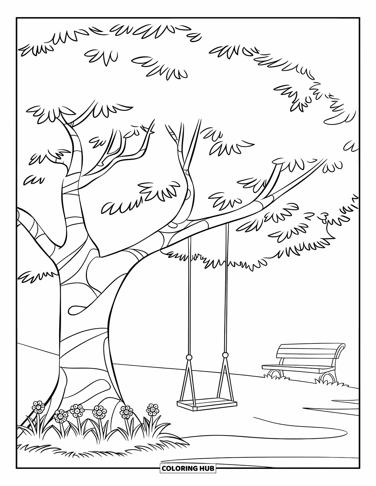 Tree Coloring Page for Kids: A tree with a small swing, flowers, and a bench in a grassy field