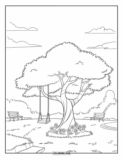 Dibujo de árboles para colorear para niños: Un árbol con un columpio pequeño, flores y un sendero de parque al fondo