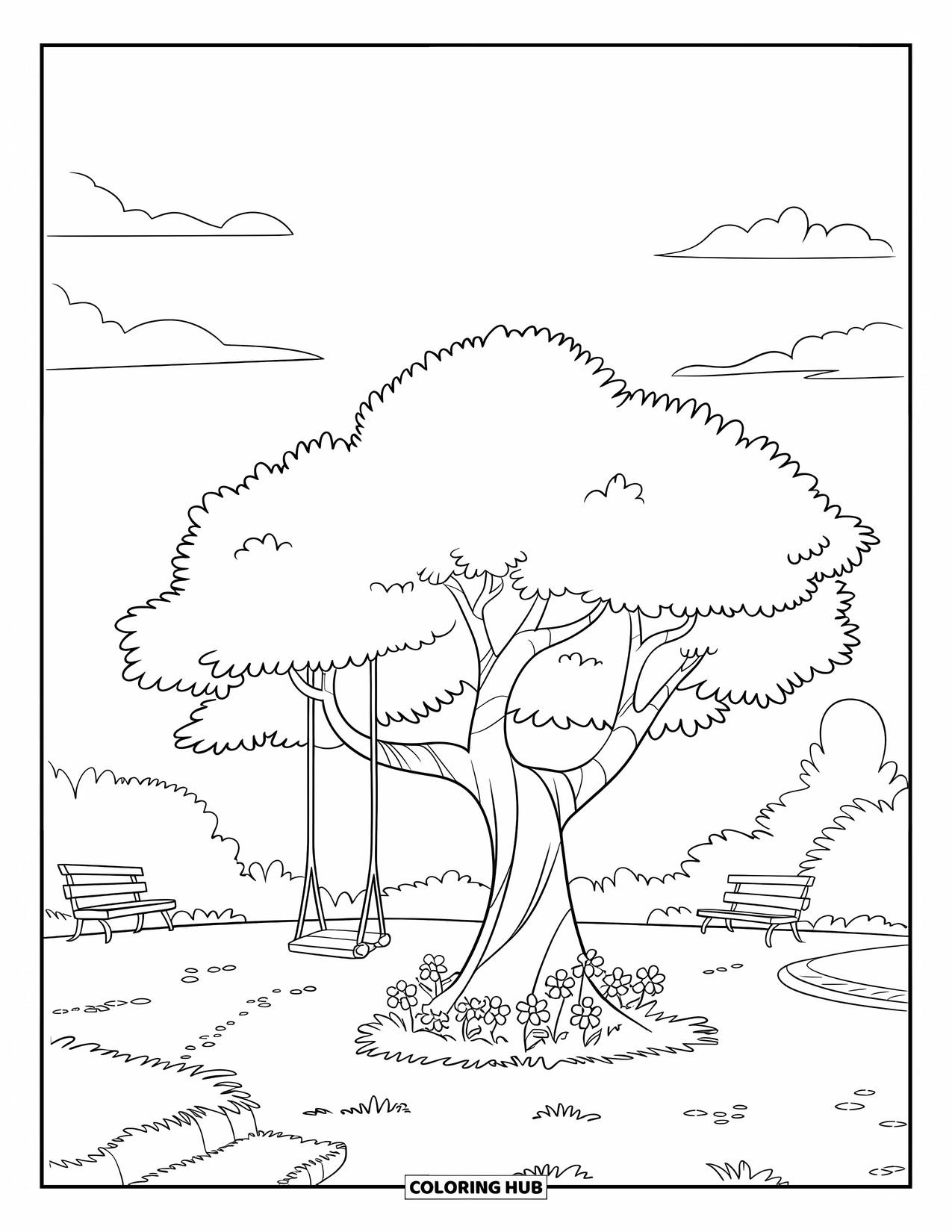 Tree Coloring Page for Kids: A tree with a small swing, flowers, and a park path in the background