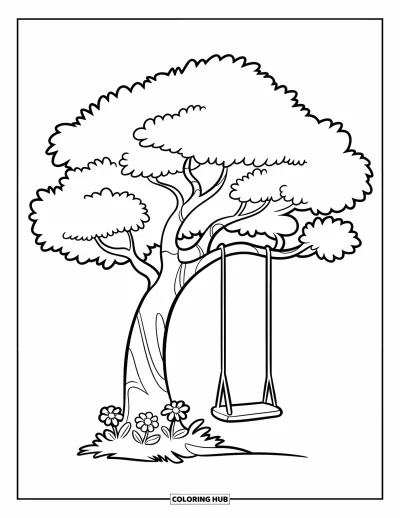Dibujo de árboles para colorear para niños: Un árbol con columpio pequeño, flores y contornos limpios en un entorno sencillo