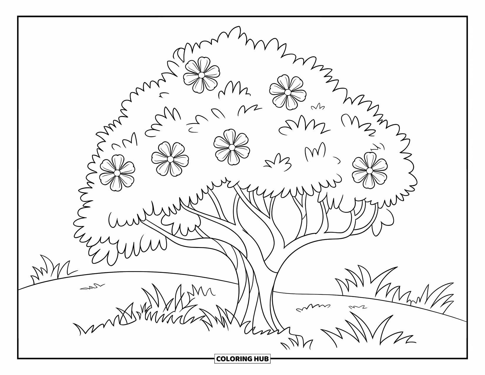 Tree Coloring Page for Kids: A tree with blooming flowers in a grassy field, with bold outlines