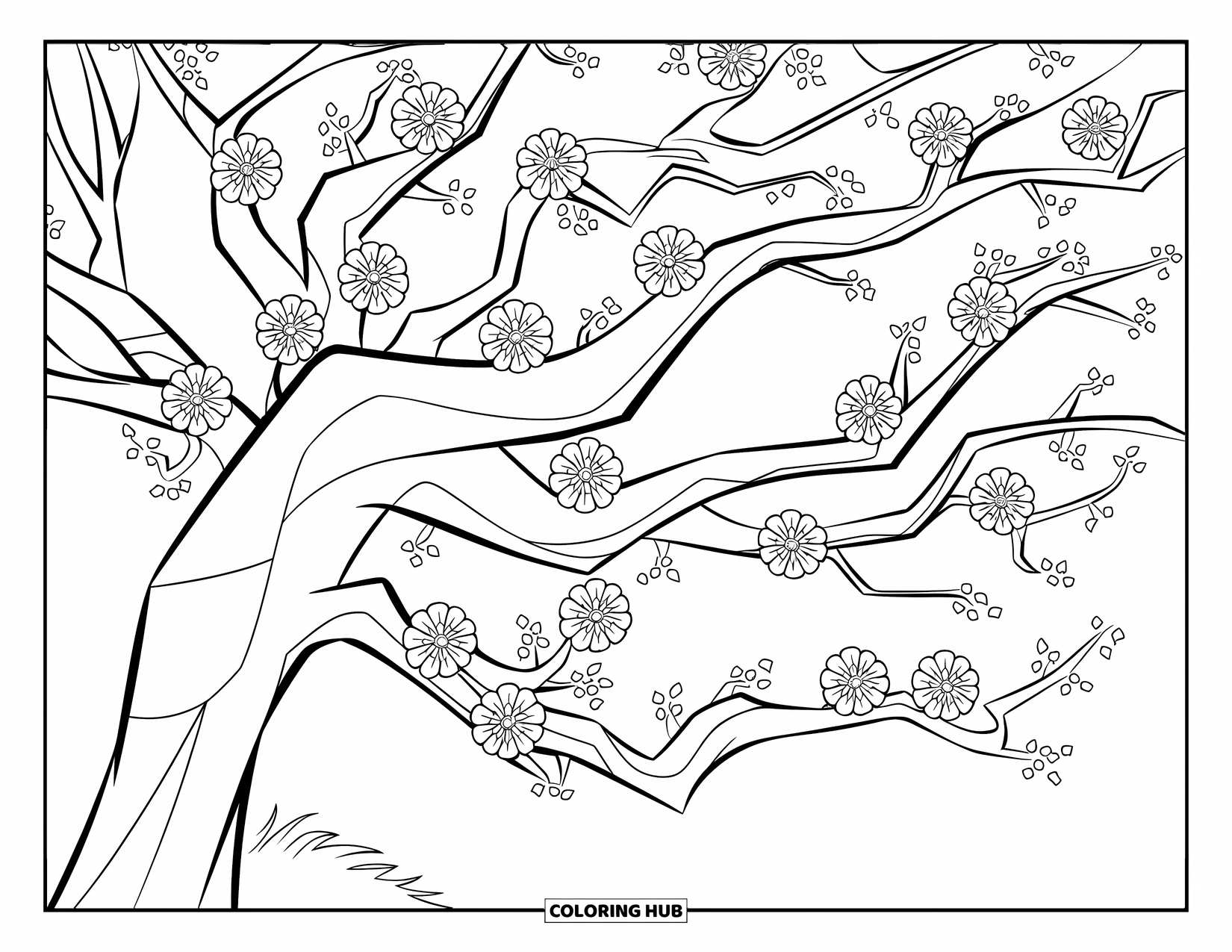 Tree Coloring Page for Kids: A tree with evenly spaced blooming flowers, thick trunk, and sturdy branches