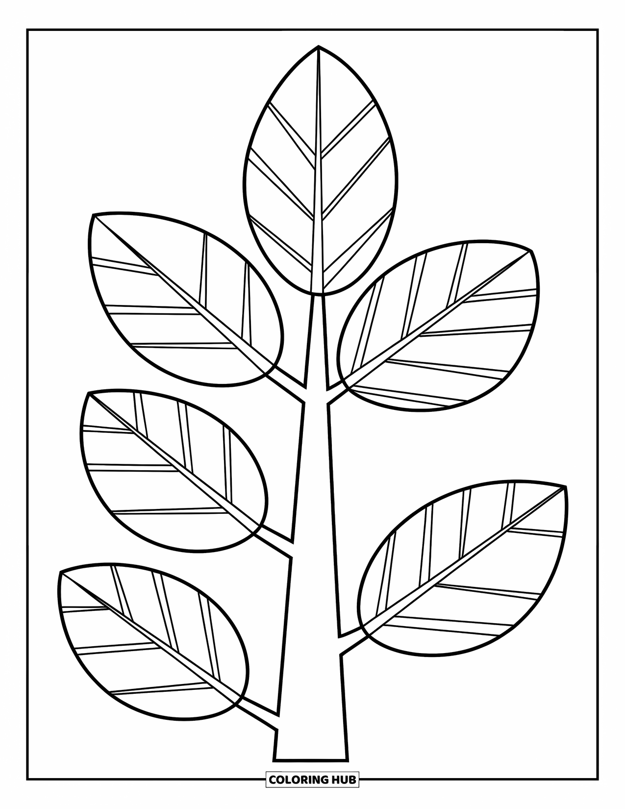 Tree Coloring Page for Kids: A tree with five large leaves, each outlined for easy coloring, with a playful vibe