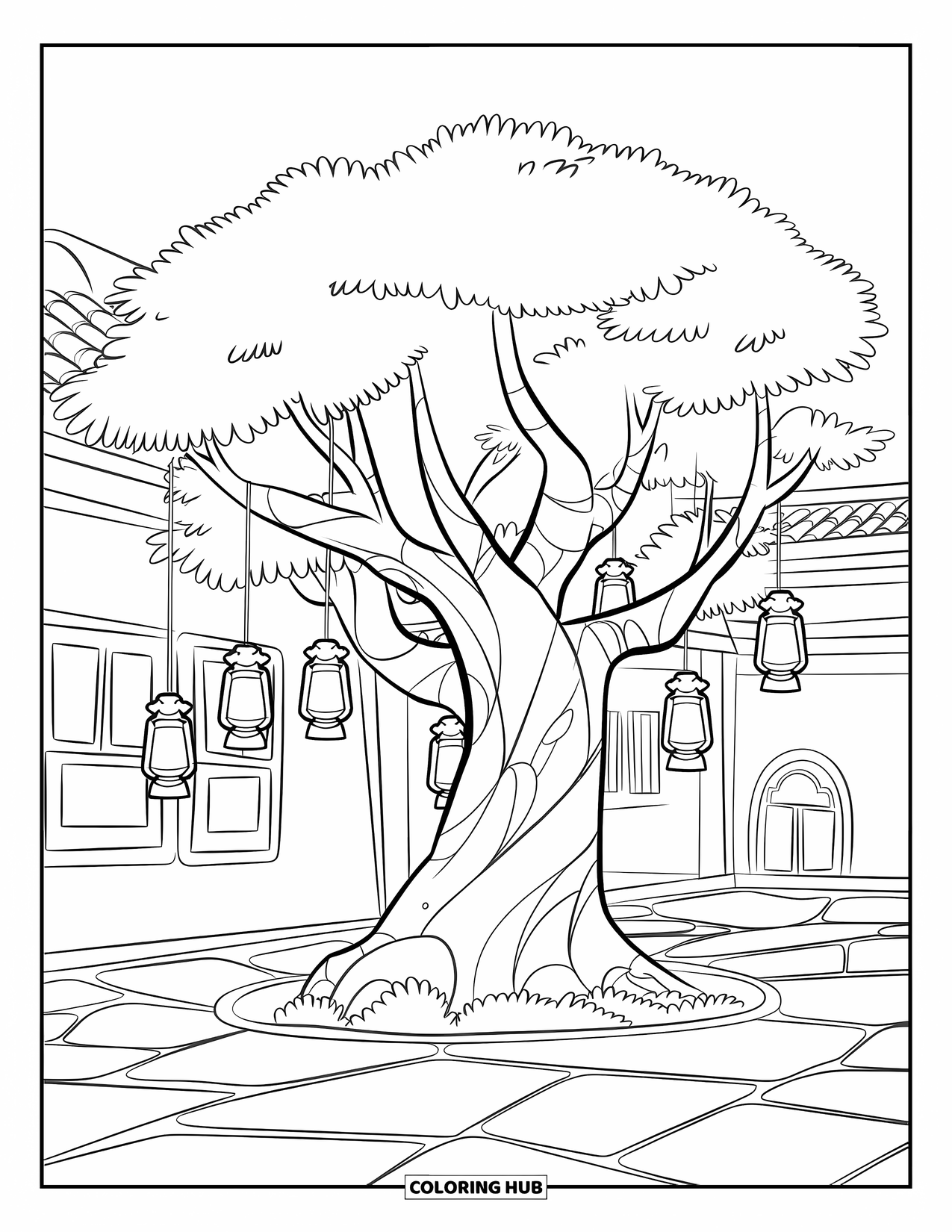 Tree Coloring Page for Kids: A tree with hanging lanterns on its branches, set in a courtyard with a stone path