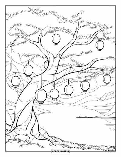 Dibujo de árboles para colorear para niños: Un árbol con farolillos colgantes, junto a un lago sereno y vegetación