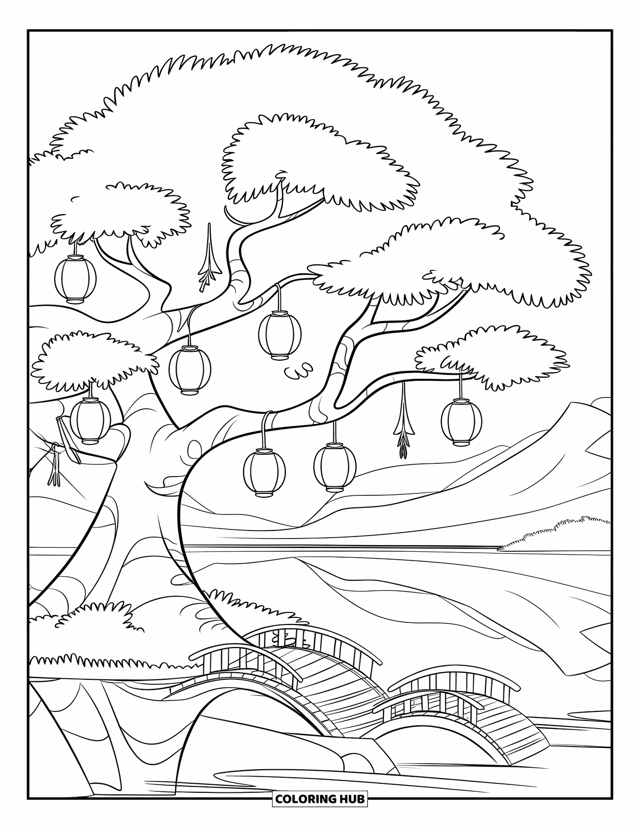 Tree Coloring Page for Kids: A tree with hanging lanterns, set near a calm lake and mountains