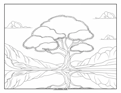 Dibujo de árboles para colorear para niños: Un árbol de hojas grandes reflejado en un lago tranquilo, con montañas