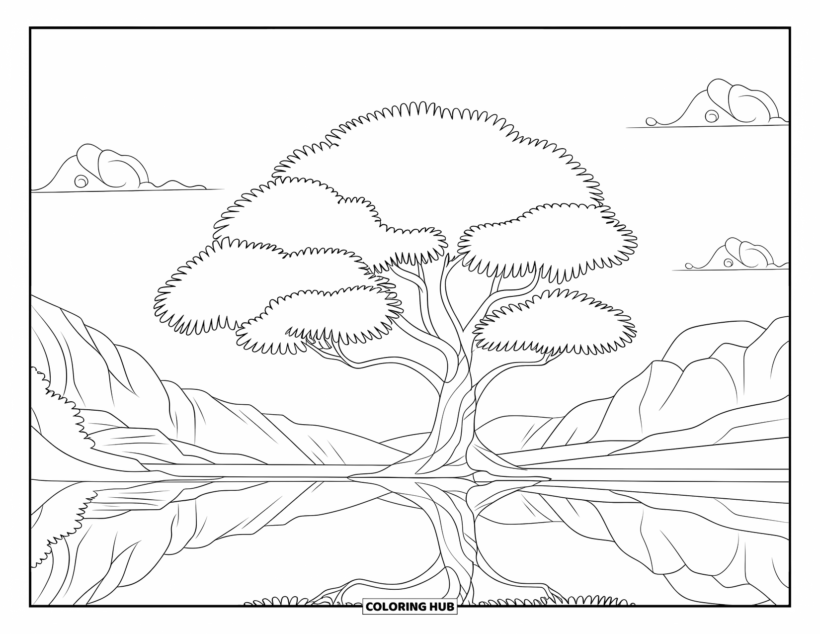 Tree Coloring Page for Kids: A tree with large leaves, reflecting in a calm lake, with mountains