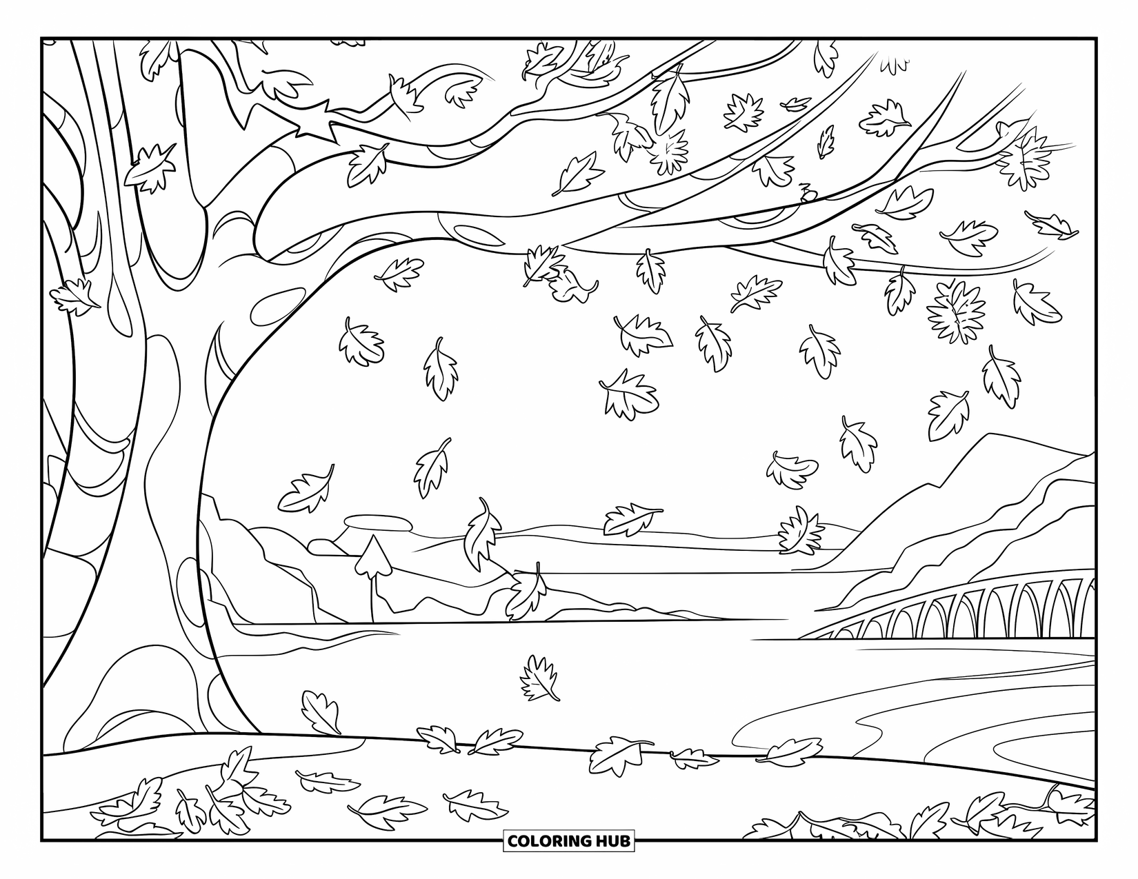 Tree Coloring Page for Kids: A tree with leaves falling, birds perched on branches, and a serene landscape