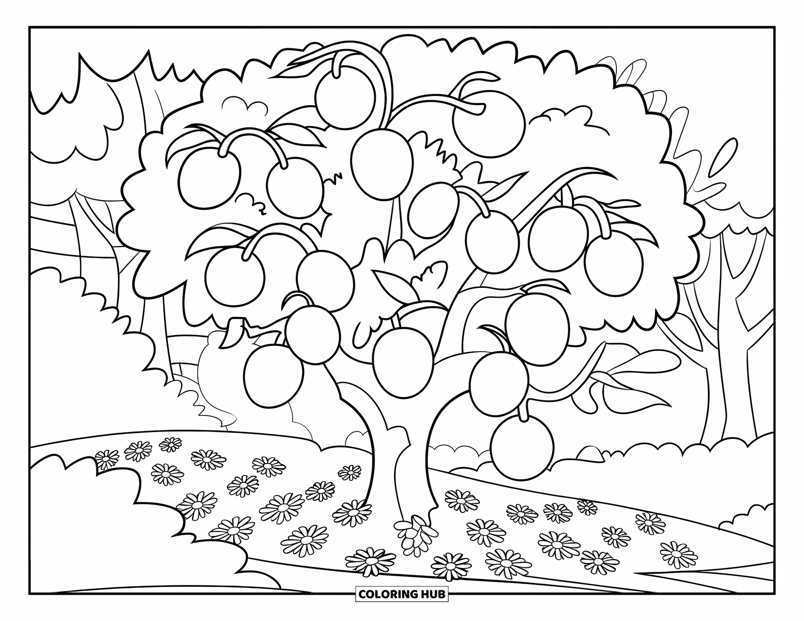 Tree Coloring Page for Kids: A tree with round fruits hanging in a lush forest, covered with yellow flowers