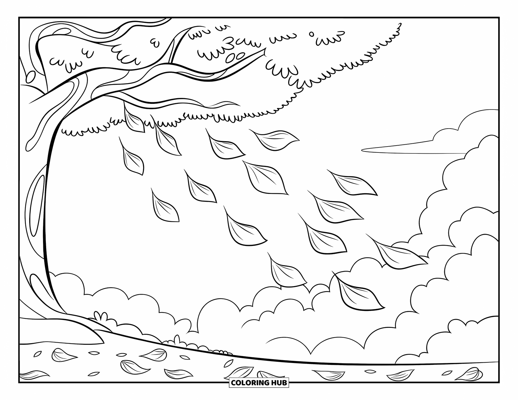 Tree Coloring Page for Kids: A tree with round leaves falling gently, covering the ground with fallen leaves