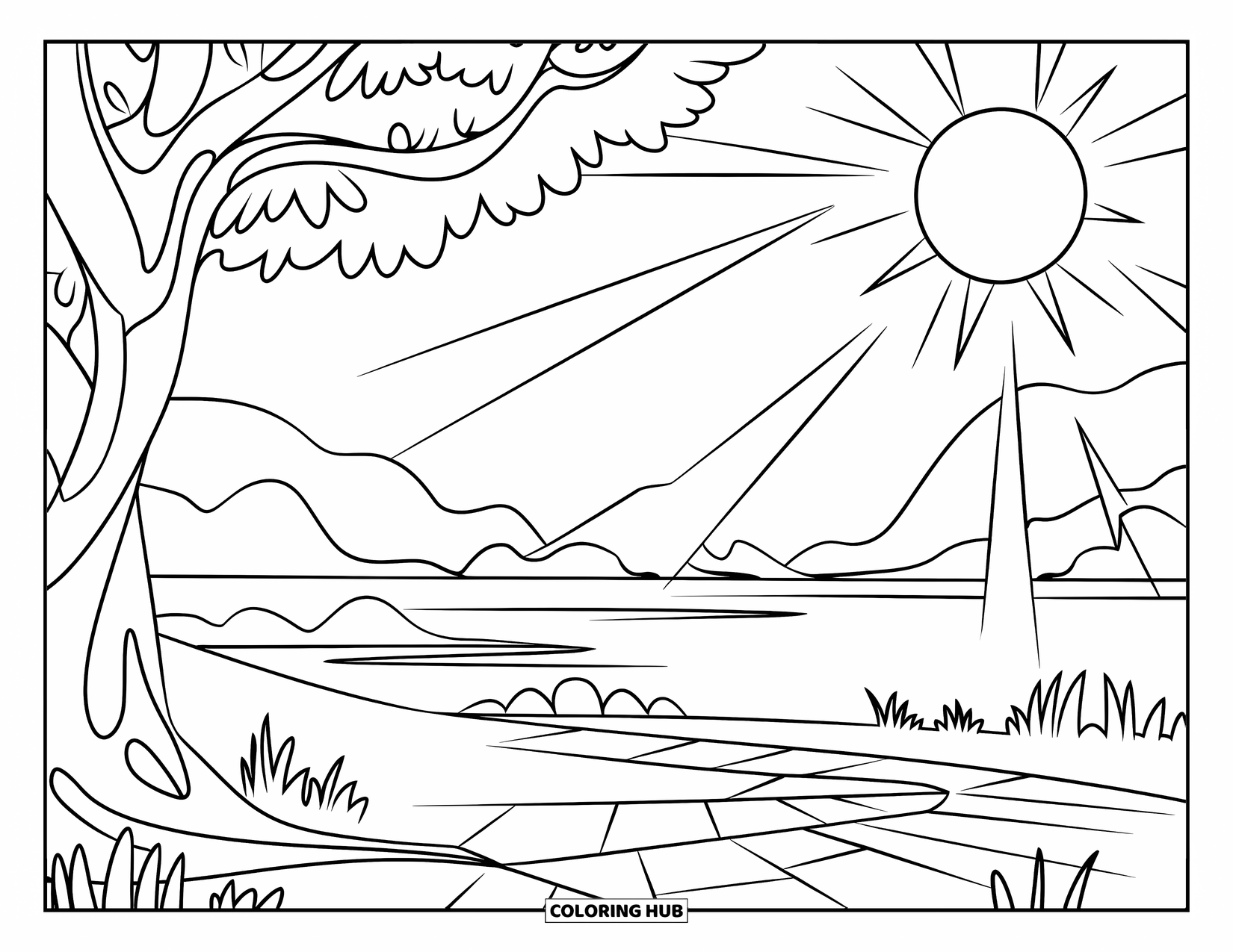 Tree Coloring Page for Kids: A tree with sun rays shining down, illuminating a path, set against a serene landscape