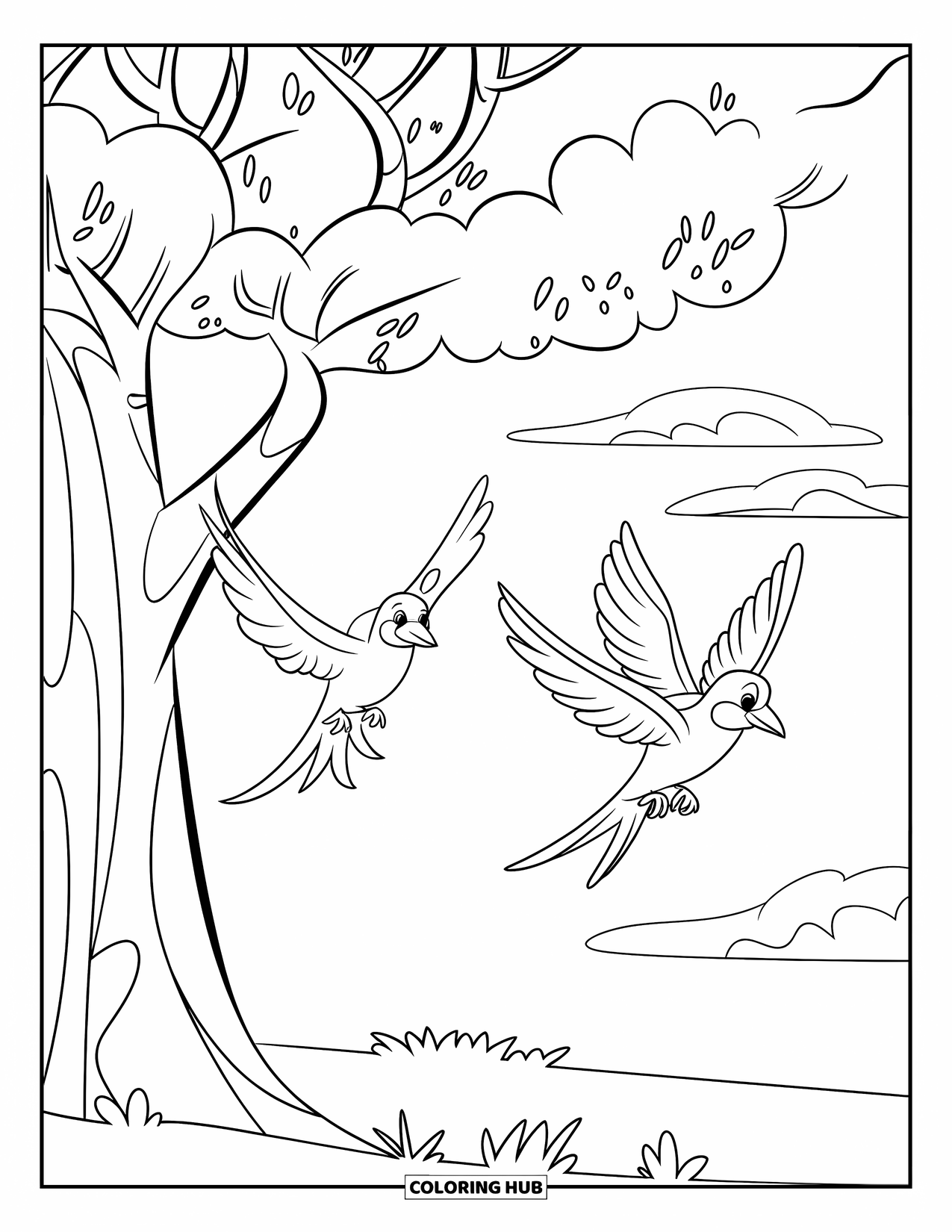 Tree Coloring Page for Kids: A tree with two birds flying in a clear sky with fluffy clouds