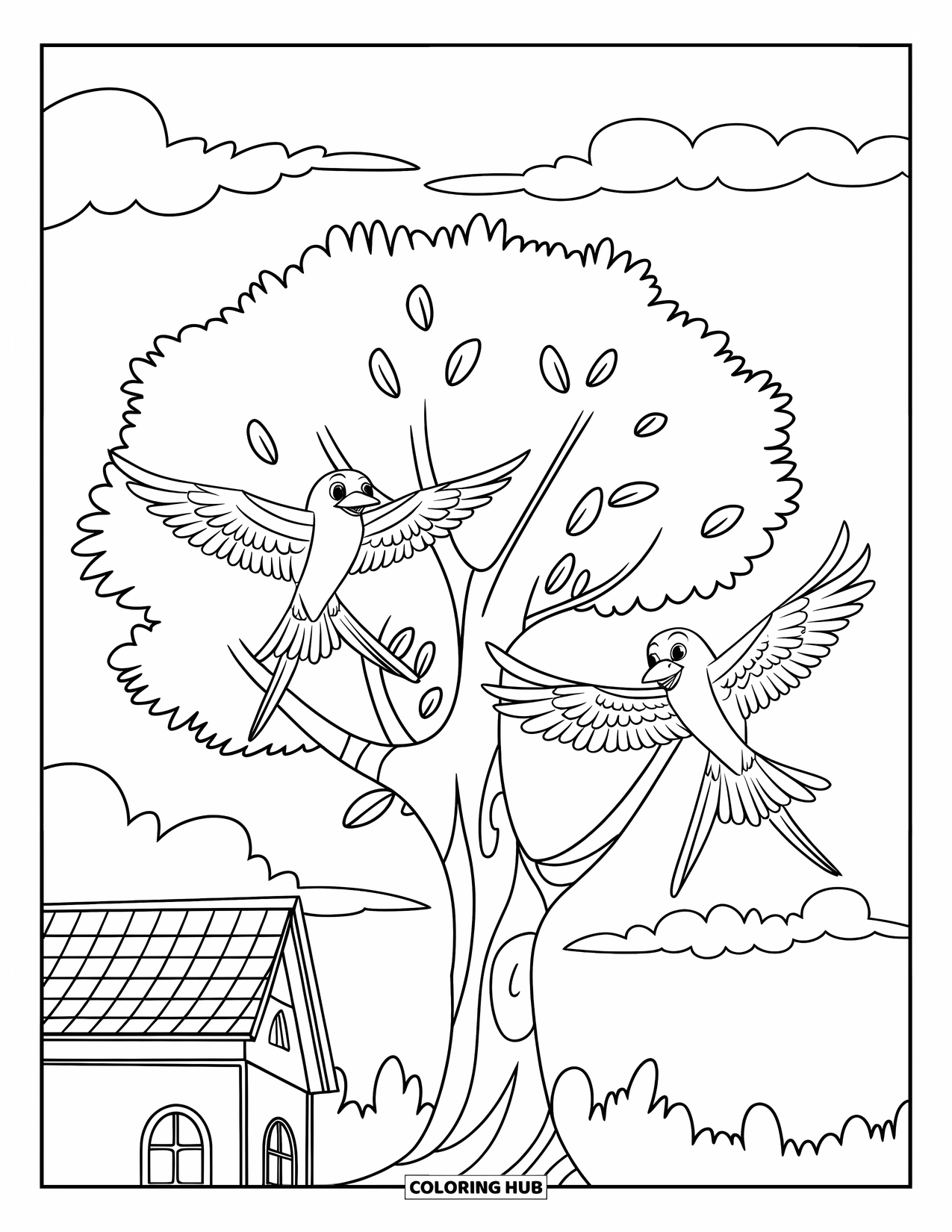 Tree Coloring Page for Kids: A tree with two birds flying near a house with a red roof and clouds