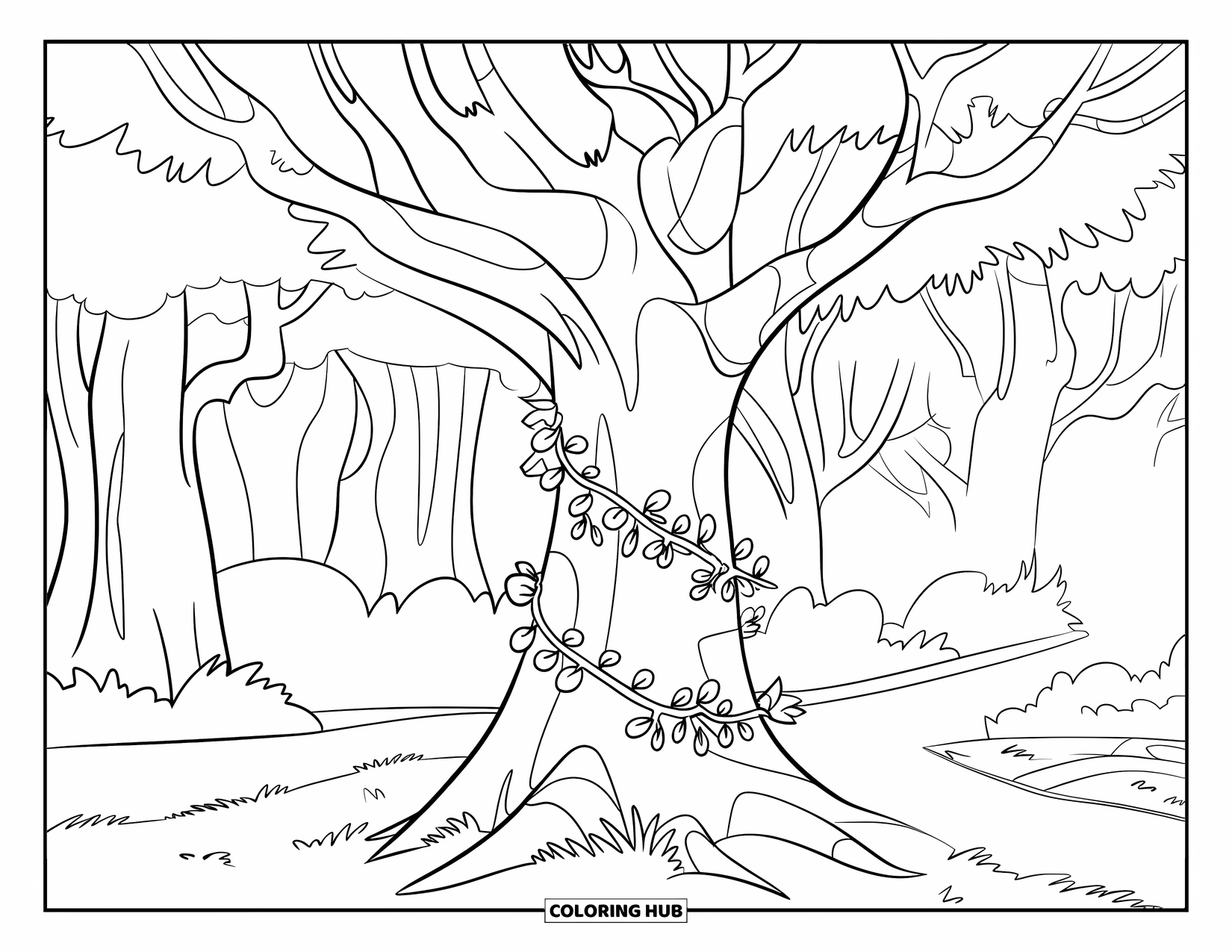 Tree Coloring Page for Kids: A tree with vines and a path in a mystical forest setting