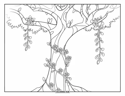 Dibujo de árboles para colorear para niños: Un árbol con enredaderas subiendo por el tronco y adornado con flores