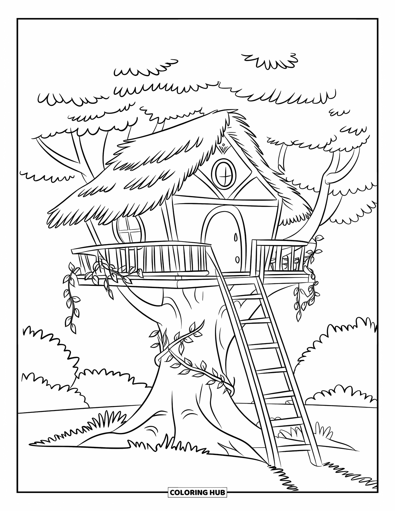 Tree Coloring Page for Kids: A treehouse with a ladder, nestled in a tree with vines wrapped around it