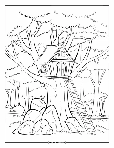 Dibujo de árboles para colorear para niños: Una casa del árbol con escalera y rocas debajo, en un bosque con árboles de varias formas